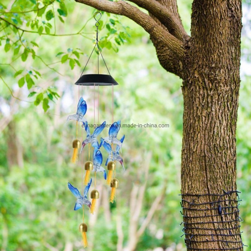 LED Solar Light Hummingbird Wind Chime Changing Color Waterproof Six Hummingbird Wind Chimes for Home Party Outdoor Night Garden Decoration