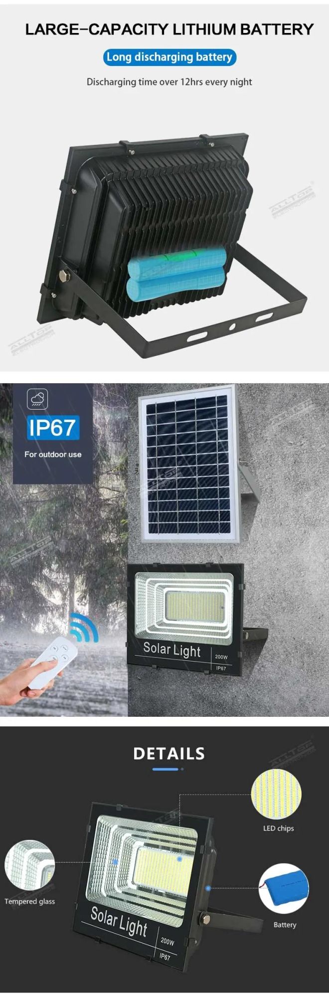 Alltop High Power IP65 Waterproof 25W 40W 60W 100W 200W 300W Garden Outdoor Solar LED Flood Light