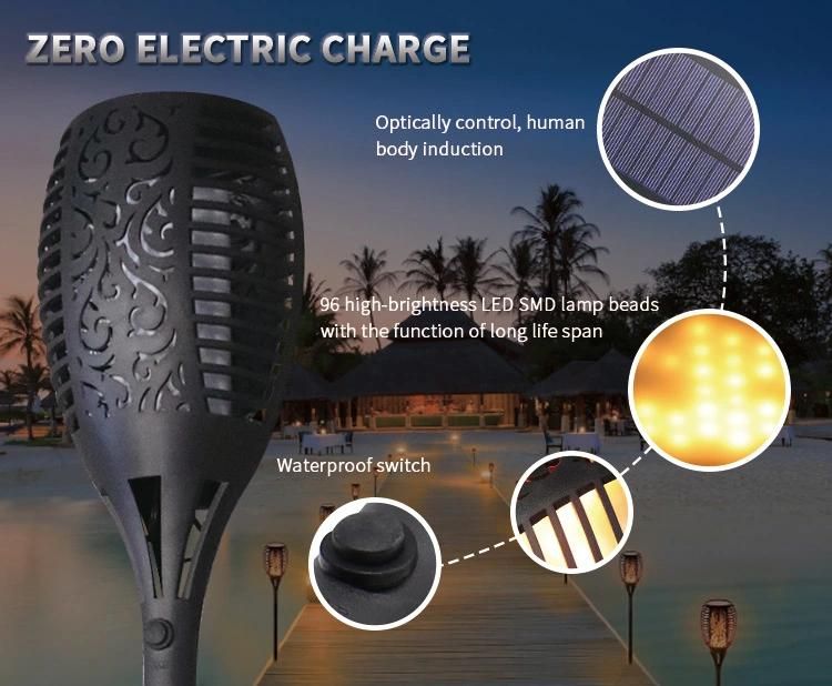 2018 New Hot IP65 Waterproof 96 SMD2835 Smart Energy Battery Garden Outdoor Flickering Torch Lamp LED Solar Flame Light