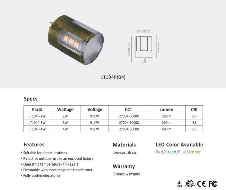 Lt104 2W 200lm Equivalent to 20W Halogen Brass Construction Gu4.0 Bi-Pin Base G4 LED Light Bulbs for Landscape Project Path Lights