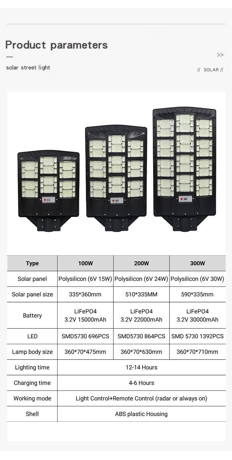 100W 200W 300W LED Outdoor Street Lamp Waterproof All in One Solar Street Lights