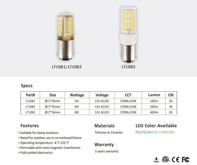 Lt104b1 1W 12V AC/DC 2700K-6000K Silicone Construction Bayonet Base LED Light Bulb for Path Lawn Lights