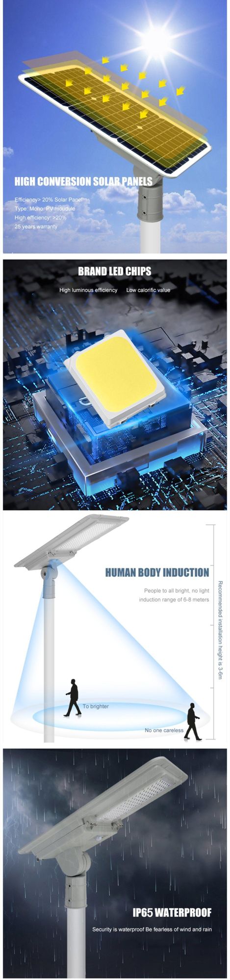 Outdoor Motion Sensor IP65 Waterproof All in One LED 60W 100W 150W 180W Integrated Solar Street Light