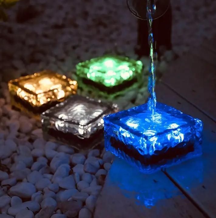 Outdoor RGB White Glass Solar Powered LED Ice Brick Light, Waterproof Solar Buried Light