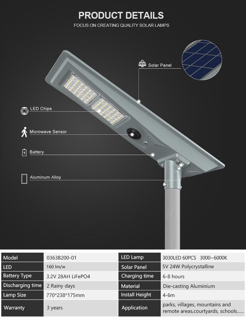 Alltop High Lumen SMD IP65 Rainproof Aluminum 200W All in One Outdoor LED Solar Street Lighting