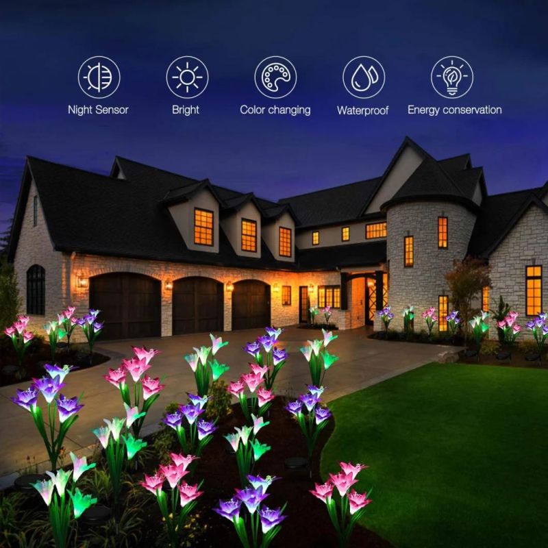3 Pack Solar Lights Outdoor Garden Stake Flower Lights with Total 12 Lily Flower.