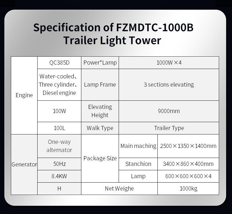 Outdoor Night Lighting Mobile Generator Powered Mobile Light Tower