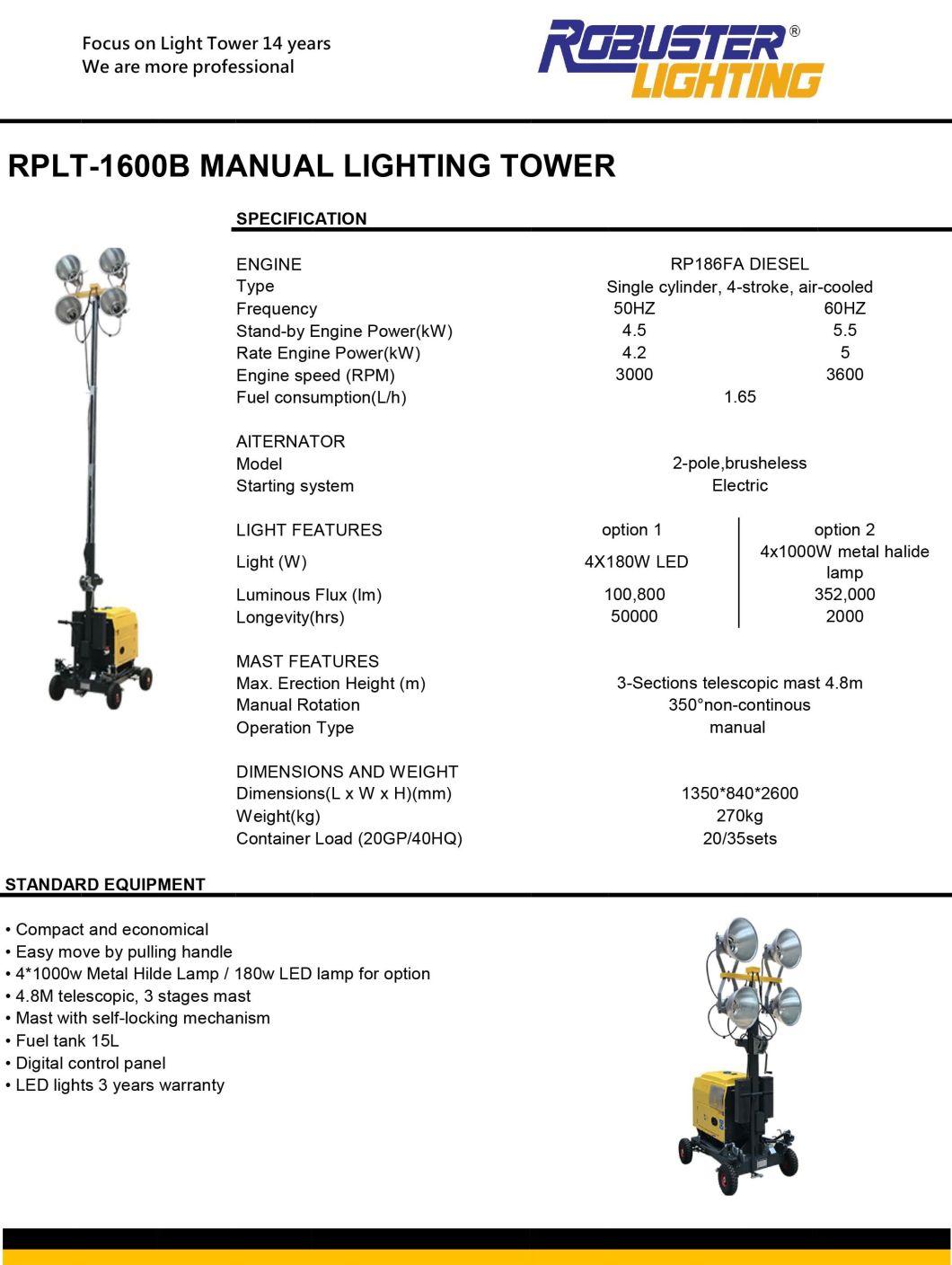 Hot Selling 4*1000W Metal Halide Compact Mobile Lighting Tower