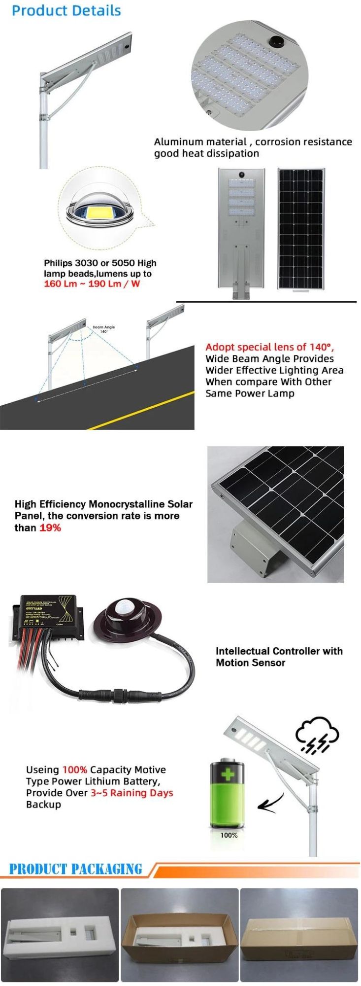 Outdoor Solar Lamp 20W 30W 40W 50W 60W 80W 100W 120W Integrated All in One Solar Street Light