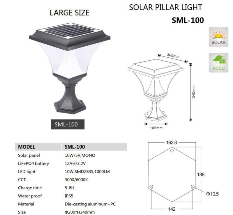 New Solar Product Die-Casting Aluminum High Brightness Solar Pillar Light for Path Gate Lawn Countyard