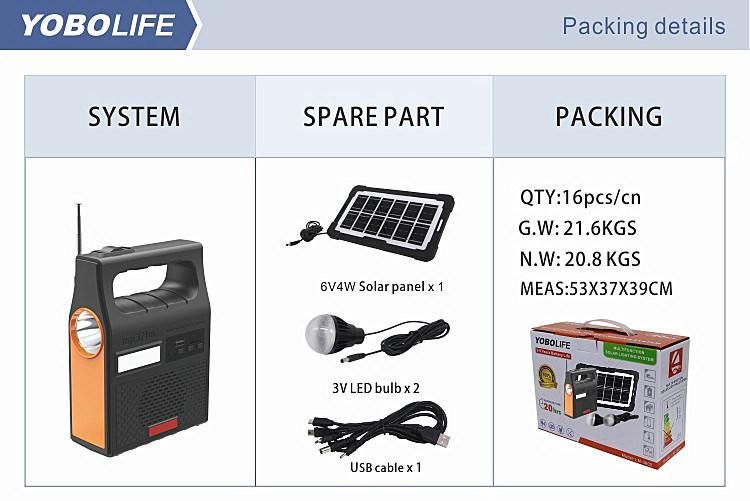 6V Solar Light with FM Radio /MP3 Function LED Bulbs Mobile Solar Charging System
