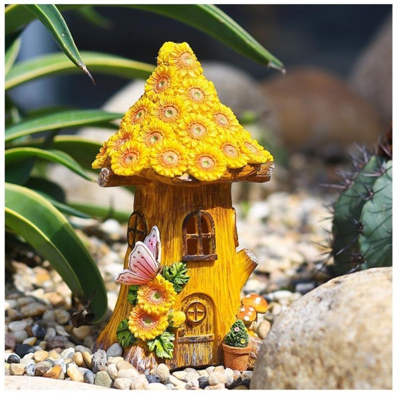 Solar Powered Fairy Sunflower Mushroom Tree House Lamp Waterproof Resin Figurine Night Lamp Ornament Garden Decor Sculpture Wyz20507