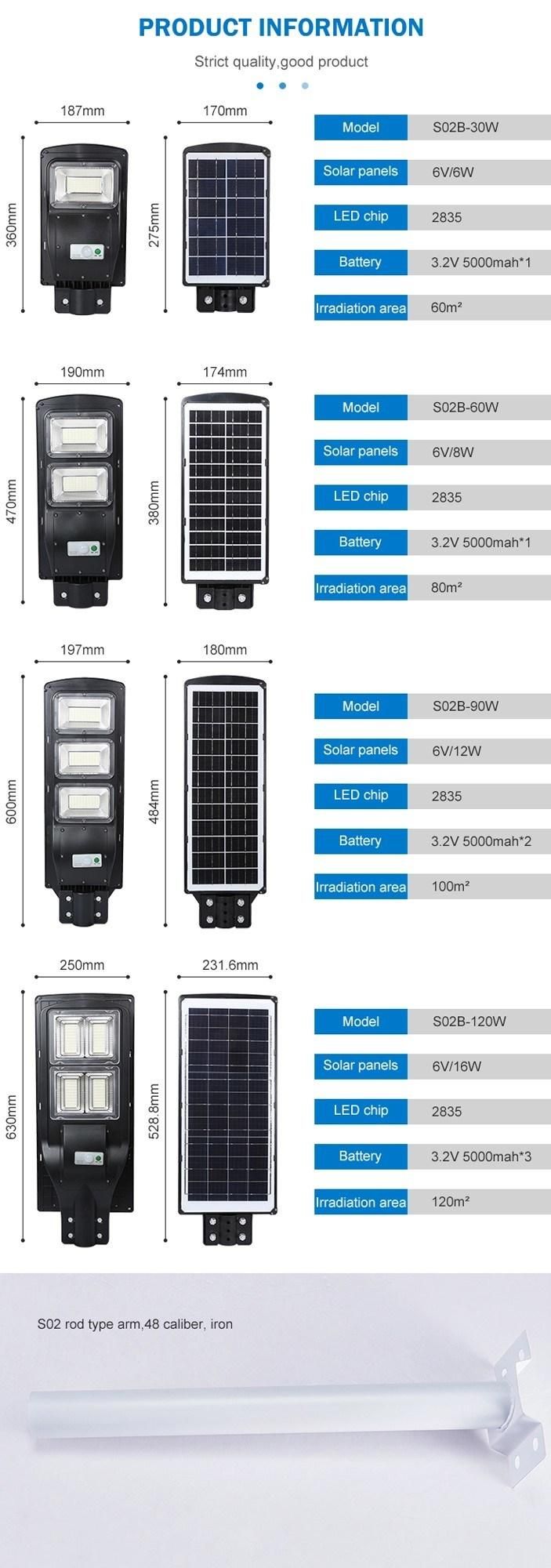 30W IP65 Outdoor Waterproof All in One Solar Street Light, 60W 90W 120W LED Lamps Sensor Garden Lightings, Smart ABS Road Lamps