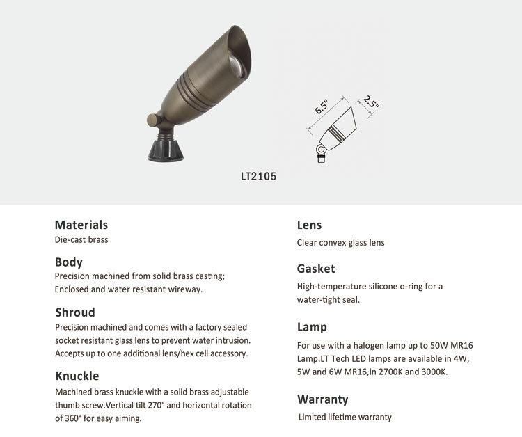 ETL Certified Brass Constriction New Low Voltage Lt2105 Spot Light with Free Stake for Outdoor Landscape Garden Lighting