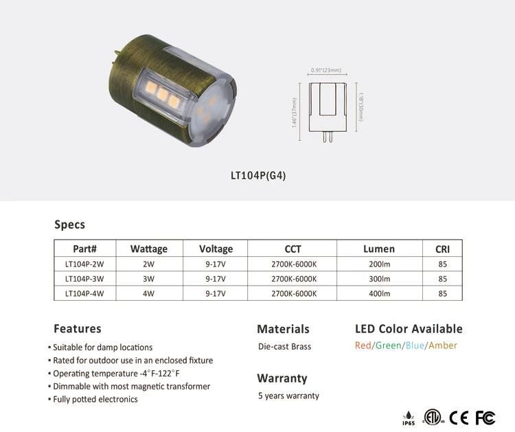 Lt104 3W 9-17V AC/DC 300lm 2700K-6000K G4 Bi-Pin Base LED SMD Bulb for Outdoor Landscape Path Lawn Lighting