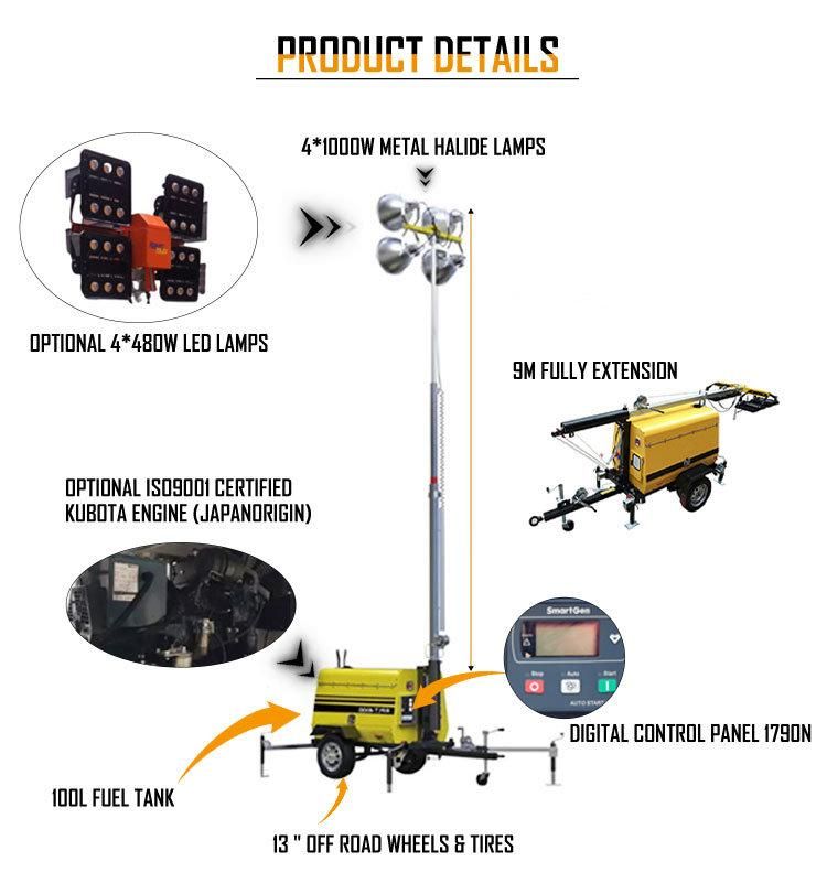 4 * 1000W Metal Halide Generator Telescopic Portable Lighting Tower