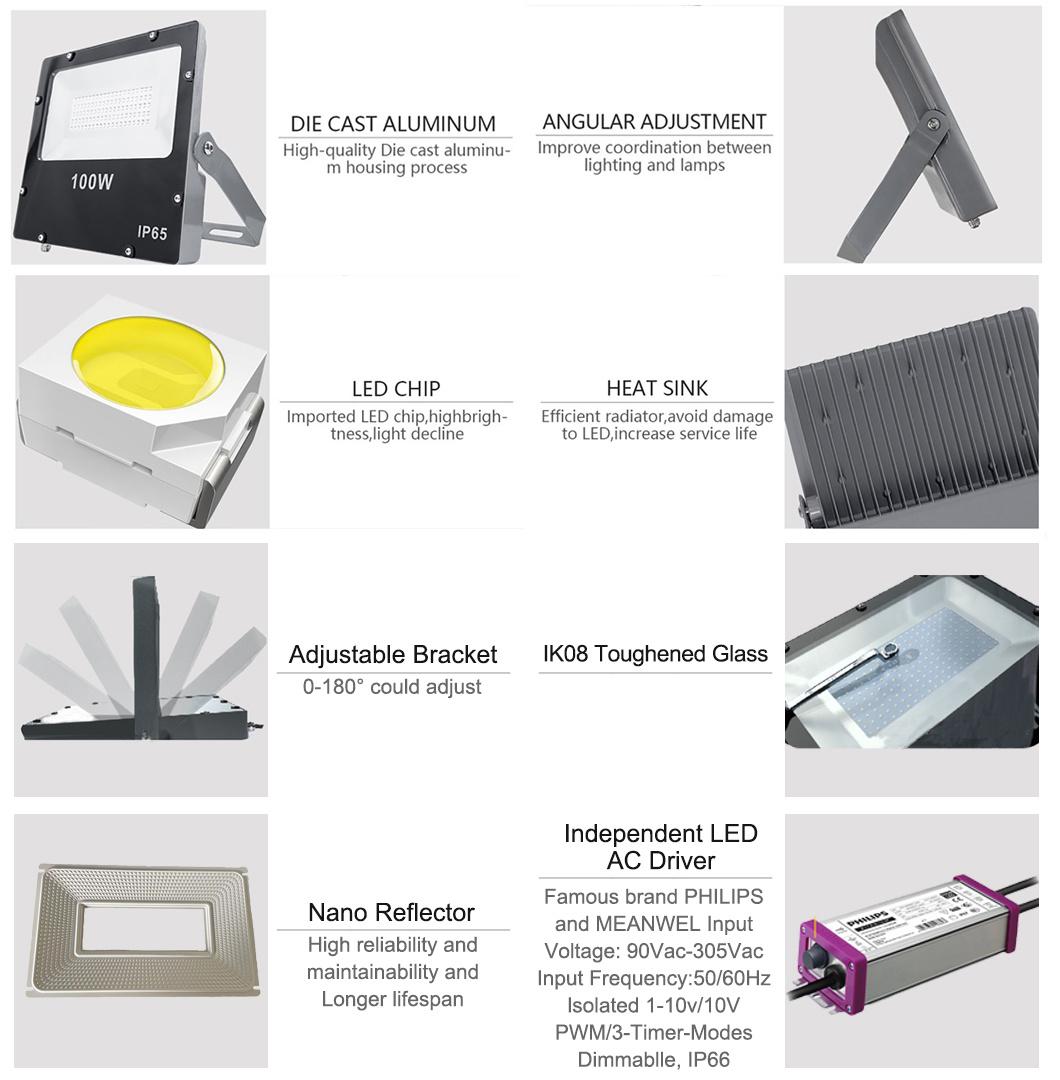 Die Casting Aluminum High Brightness 100W Outdoor LED Flood Light Meanwell Driver >80000 Hours Waterproof IP65 AC96-305V