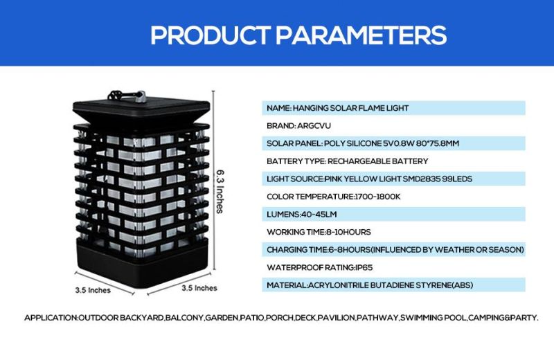 Solar Hanging Flame Lights Outdoor 99LEDs Solar Flame Lantern Portable Waterproof Camping Light with Optional USB Charging for Backyard, Garden, Patio, Deck