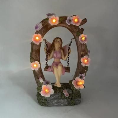 Lovely Resin Fairy Figurine on Swing Miniature Garden Decoration Solar Fairy Garden Statue