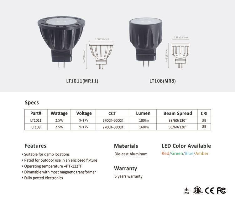 Lt1011 High-Quality Die-Cast Aluminum 2.5W 180lm 38/60/120deg G4 MR11 Lamps for Spot Light Fixtures Garden Lighting