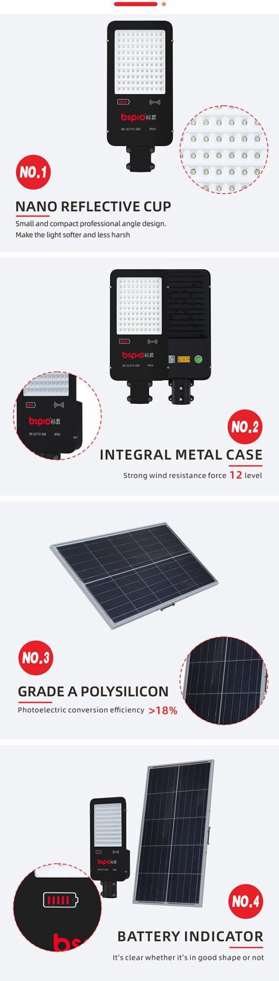 Bspro High Lumen IP65 Outdoor 300W LED Solar Street Lighting