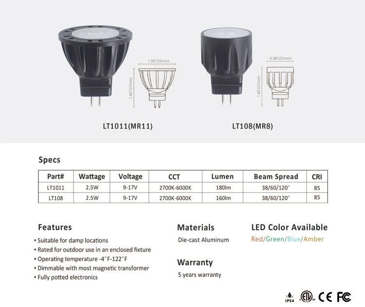 Lt108 High-Quality Die-Cast Aluminum 2.5W Gu4.0 Mr8 Lamp for Outdoor Landscape Lighting &Spot Light Fixtures
