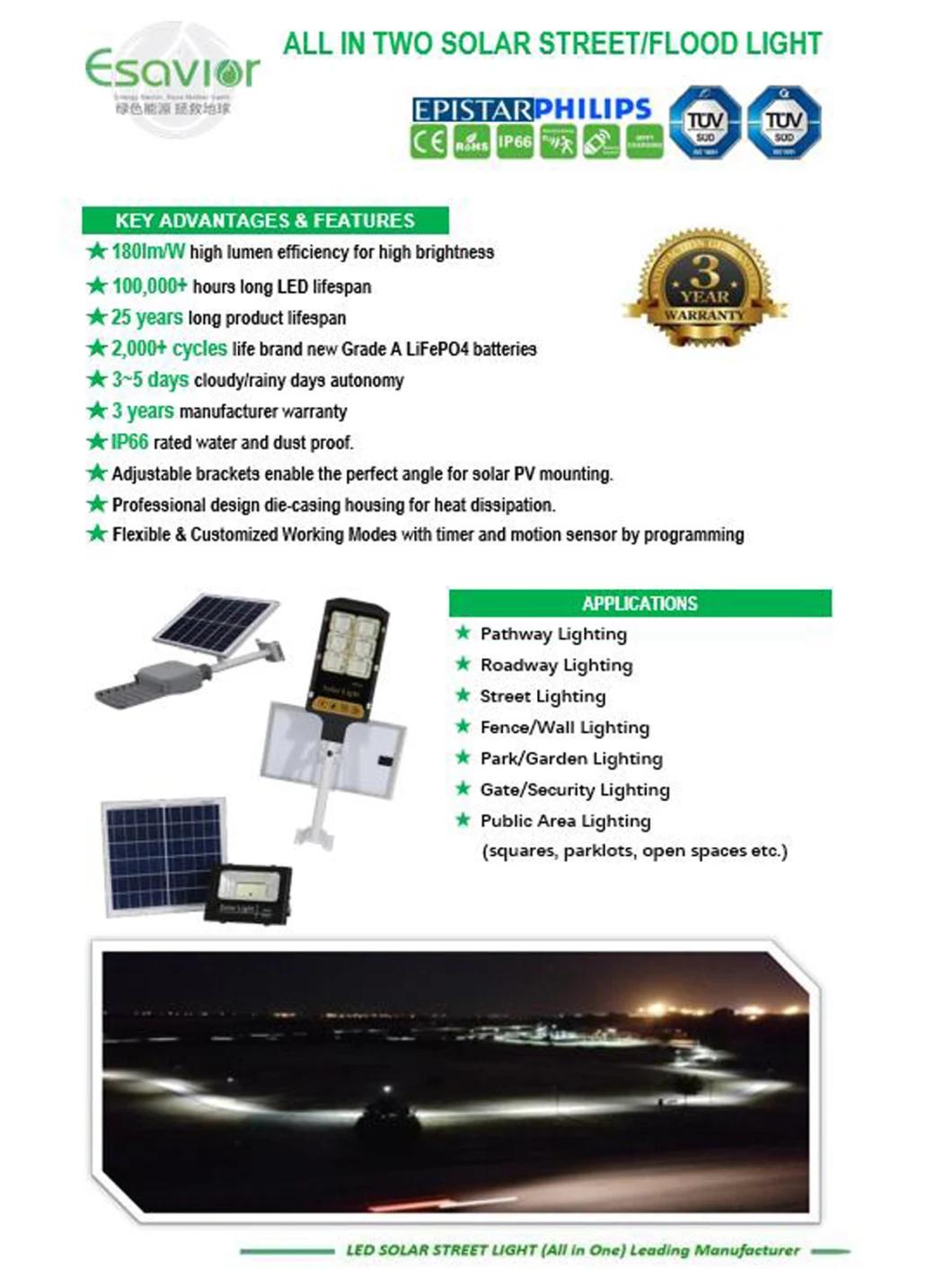 Esavior IP66 Ce RoHS ISO TUV 50W LED All in 2 Solar Street Flood Light 5000 Lumens Iot Remote Control System
