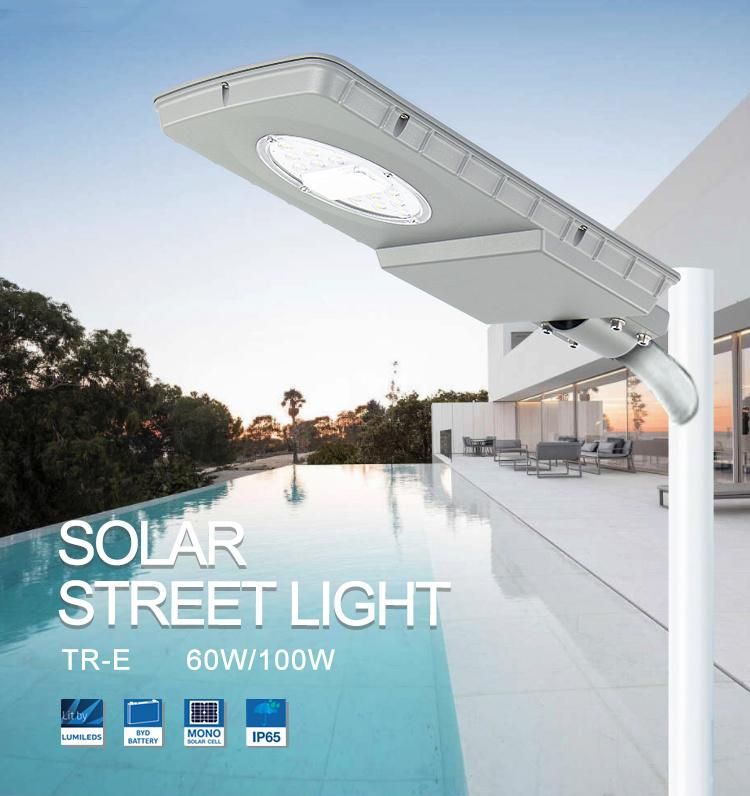 All in One Integrated IP66 20W 30W 60W 90W 100 Watts Solar LED Street Light High Power Streetlight with Inbuilt Battery