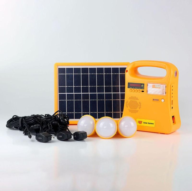 Mini Portable 5W Solar Home System Solar Power Generator with Torch Light/Reading Light/FM Radio/USB/3 LED Bulbs