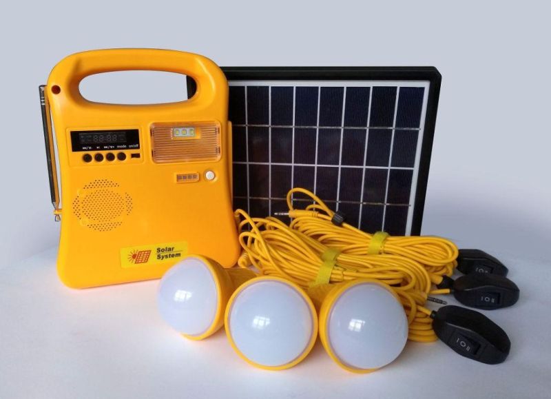 2020 Factory Supply 5W Solar Lithium Home System with FM Radio/Mobile Charger/Torch Light/Reading Lamp/MP3/3PCS LED Bulbs