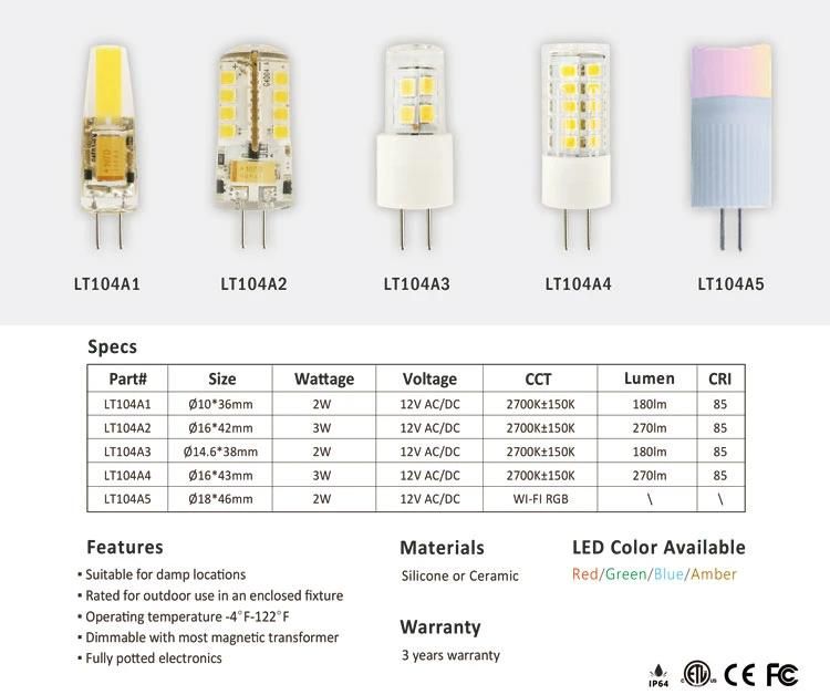 Lt104A4 3W 270lm 12V AC/DC 2700K-6000K Ceramic LED G4 Bi-Pin Bulbs for Outdoor Low Voltage Landscape Lighting Lawn Lights
