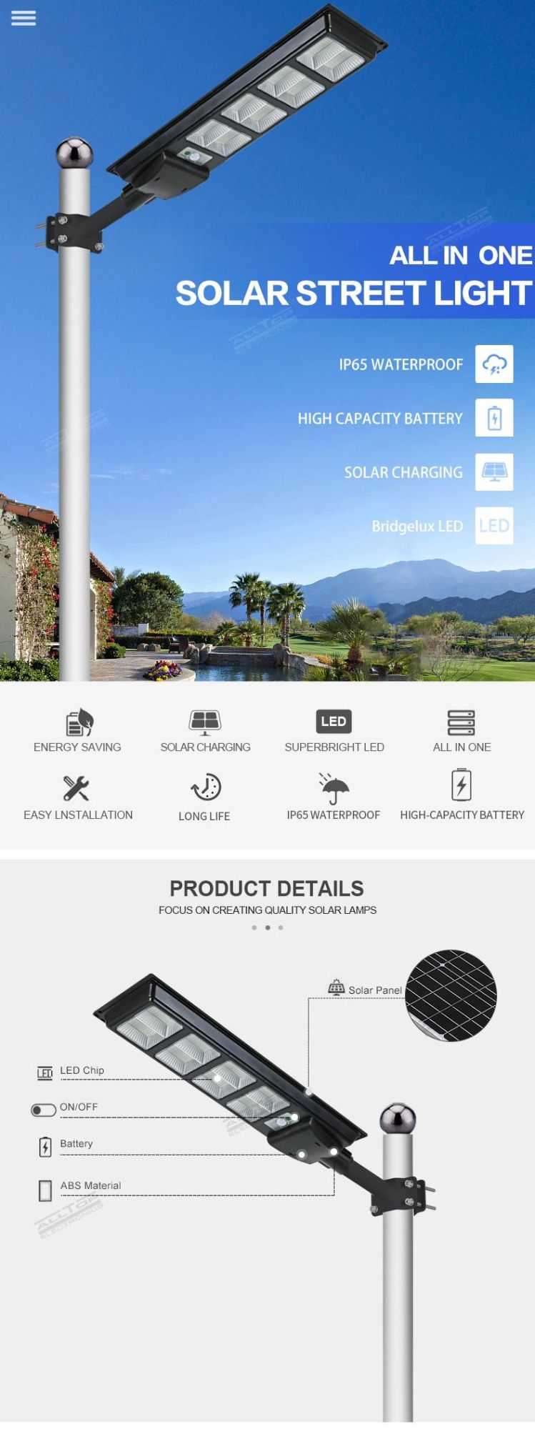 Alltop IP65 Waterproof SMD 50 100 150 200 250 300 W Highway All in One Outdoor LED Solar Street Light Price