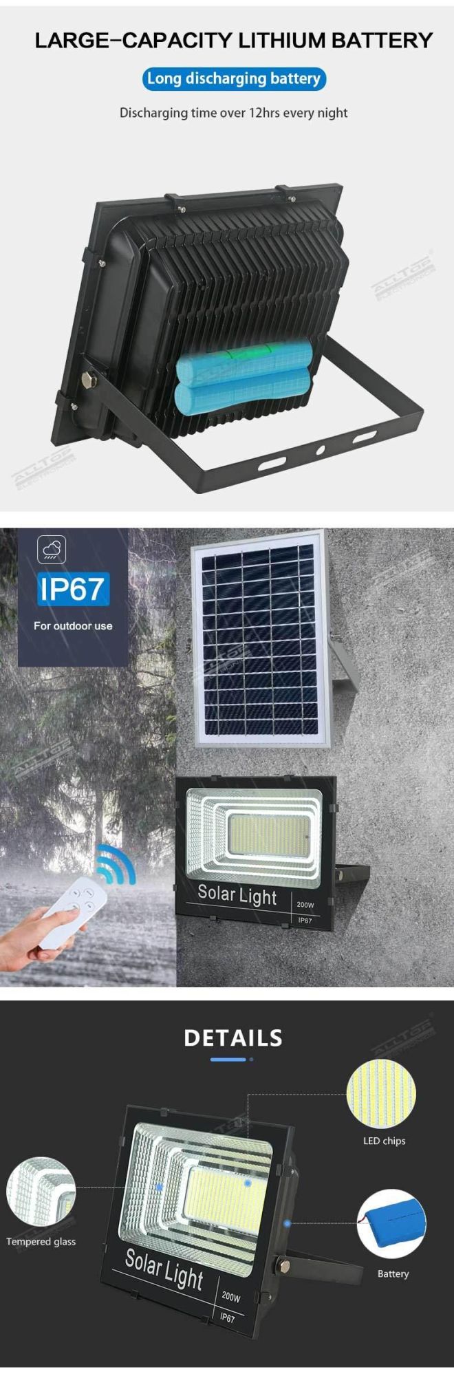 Alltop High Lumen Aluminum IP65 Waterproof 25 W 40 W 60 W 100 W 200 W 300 W Outdoor Solar LED Flood Light