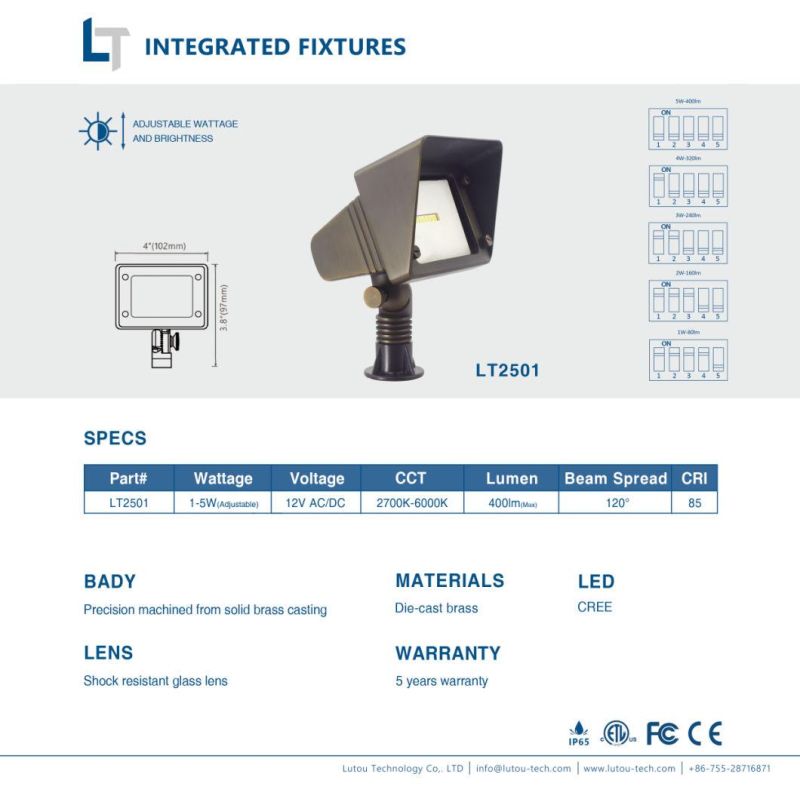 Heavy Duty Die-Cast Brass Adjustable Wattage & Beam Spread 12V Integrated Spotlight Bluetooth WiFi Zigbee Ver Available