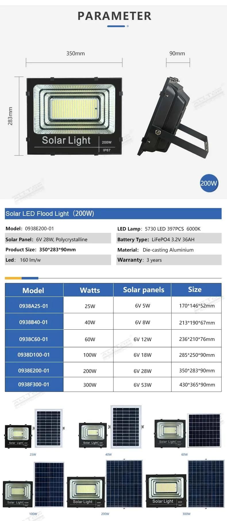 Alltop High Power Waterproof IP65 Aluminum 25watt 40watt 60watt 100watt 200watt 300watt Outdoor Solar LED Flood Light