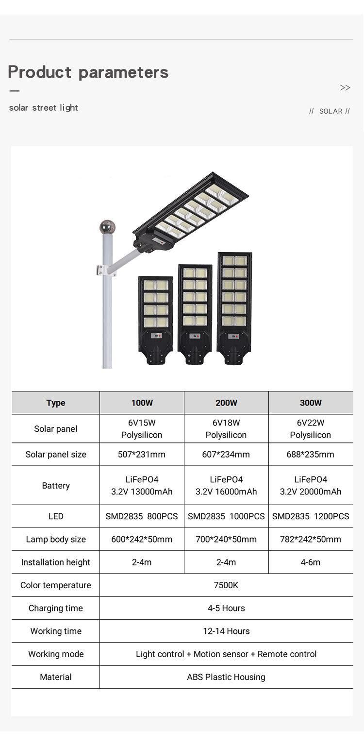 High Brightness Solar Street Lamp 100W 200W 300W All in One Solar Panel LED Street Light