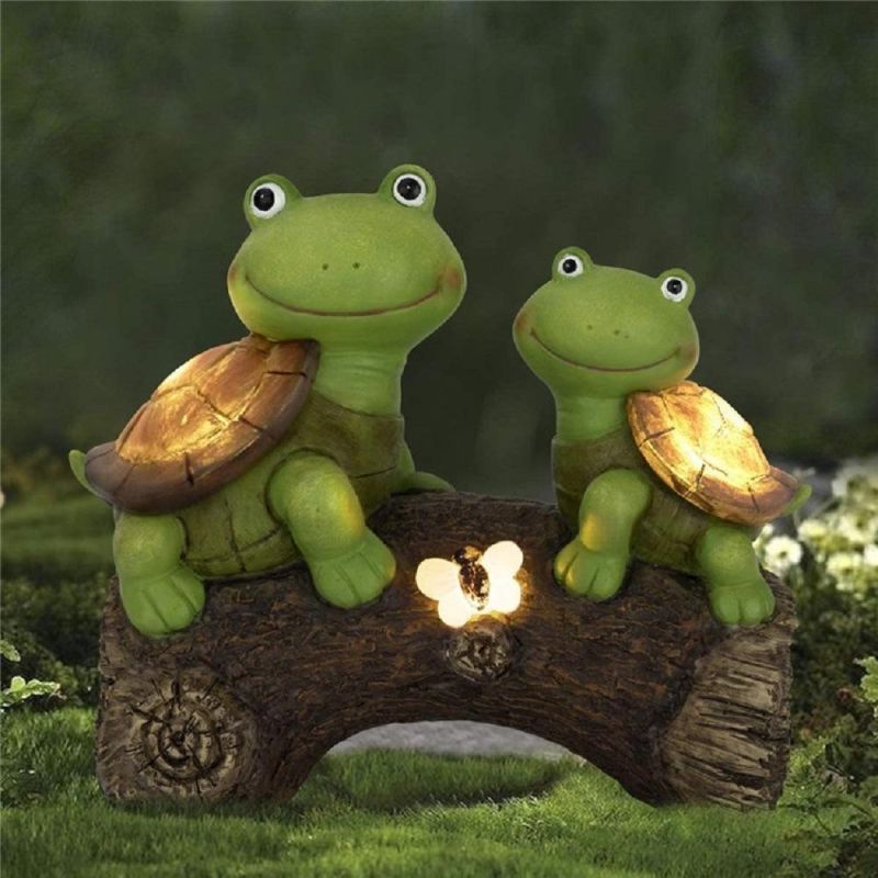 Cute Frog Face Turtles Animal Sculpture with Solar LED Lights Garden Statue Figurine for Indoor Outdoor Decorations, Patio Yard Lawn Ornaments Wyz17908