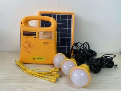 2020 Factory Supply 5W Solar Lithium Home System with FM Radio/Mobile Charger/Torch Light/Reading Lamp/MP3/3PCS LED Bulbs