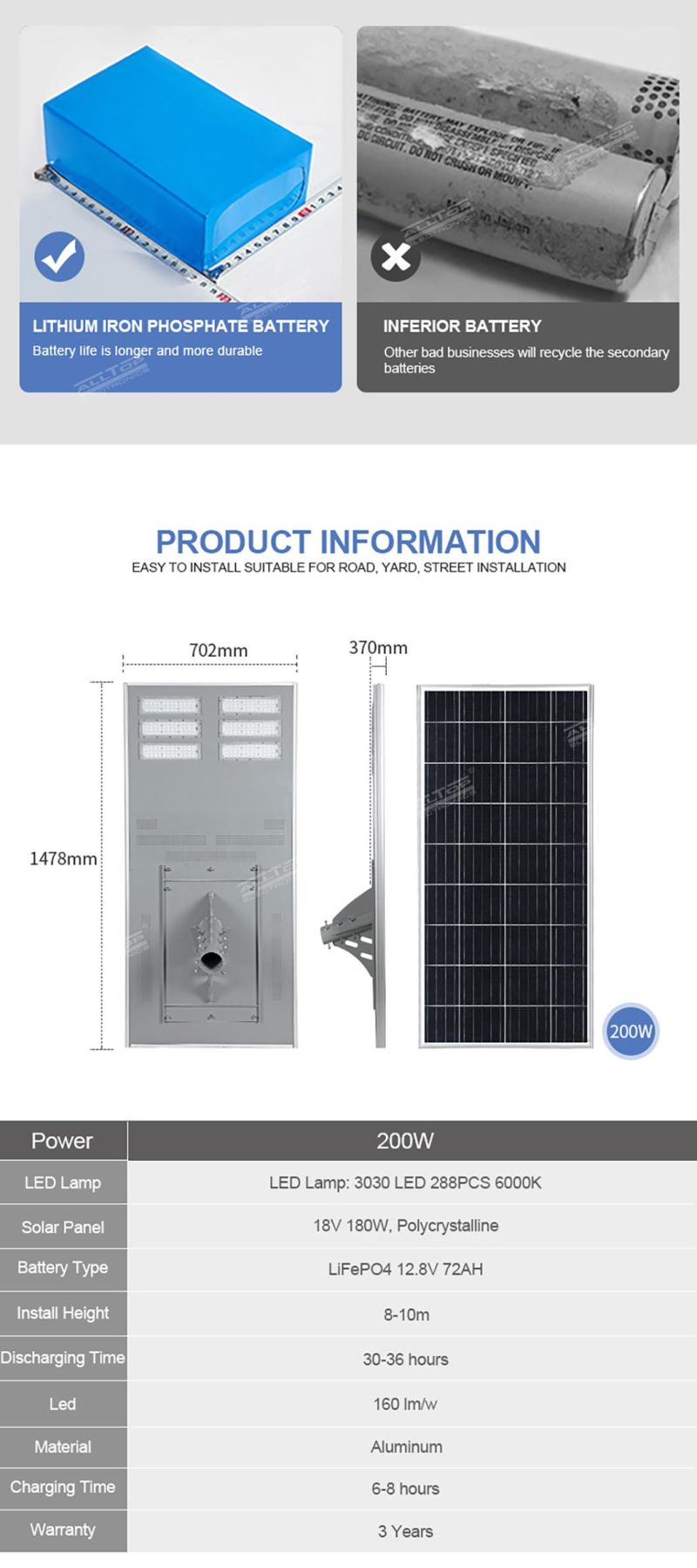 Alltop Super Bright Rainproof IP65 SMD Aluminum 200watt Outdoor All in One Integrated LED Solar Street Light