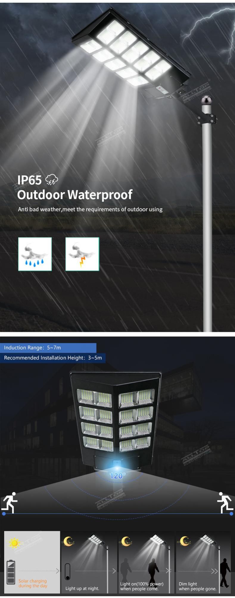 Alltop Wholesale 3 Warranty IP65 Waterproof 300 400 500 Watt Garden Outdoor SMD LED Solar Street Light