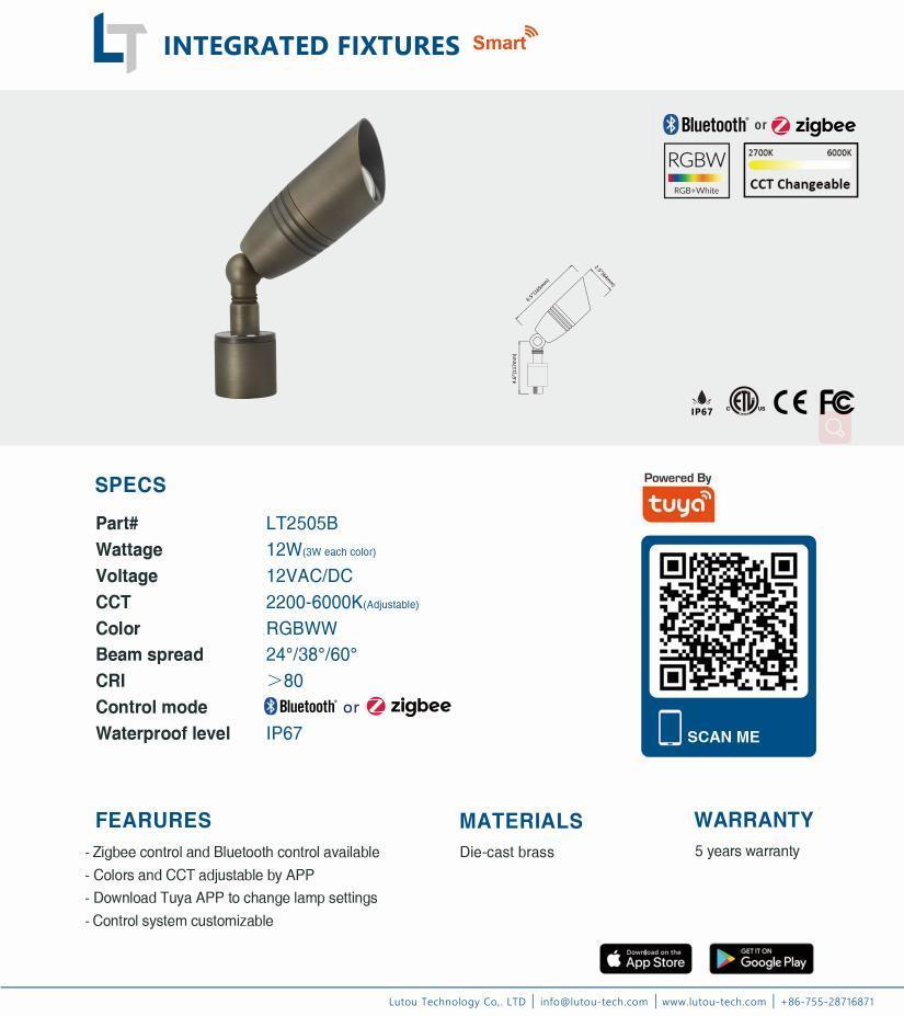 Lt2505b 12W 24/38/60deg RGB & CCT Tunable Bluetooth / WiFi / Zigbee Available LED Integrated Spotlight for Low Voltage Landscape Lighting System