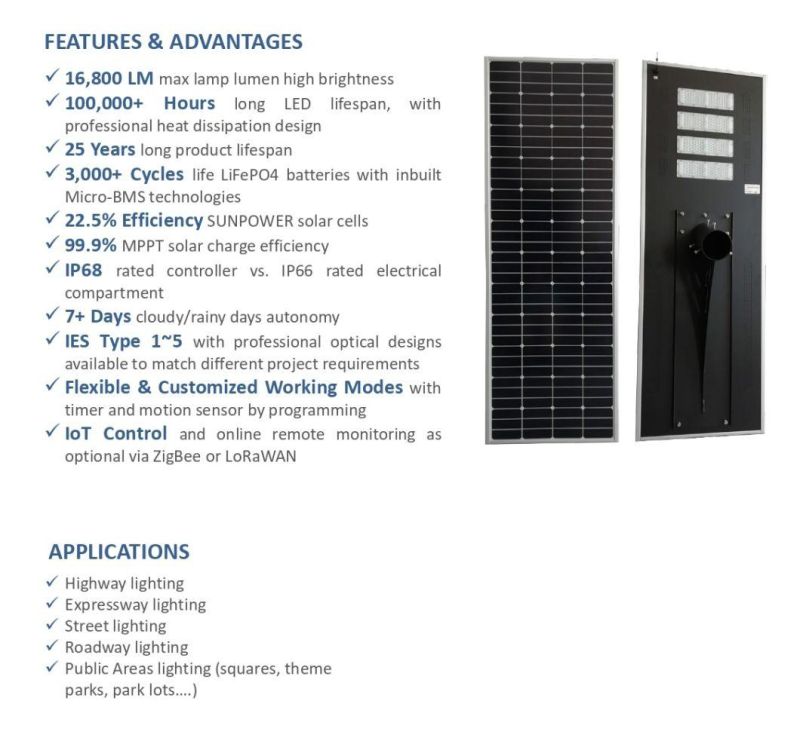 120W Solar Street Light with High Efficiency Solar Panel & High Lumen LED Light Source