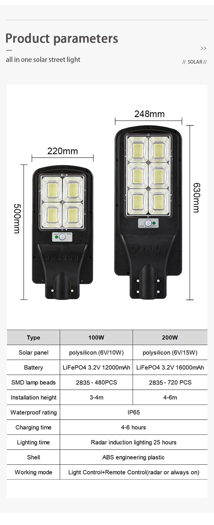 ABS 100W Solar Power Street Light Outdoor Street Lamp LED Solar Light