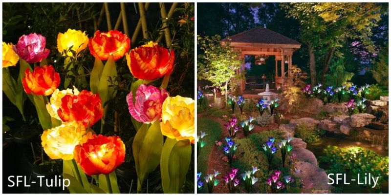 Factory Direct Sale Decorative LED 3 Heads Flowers Pink Yellow White Color Solar Lights for Flower Beds