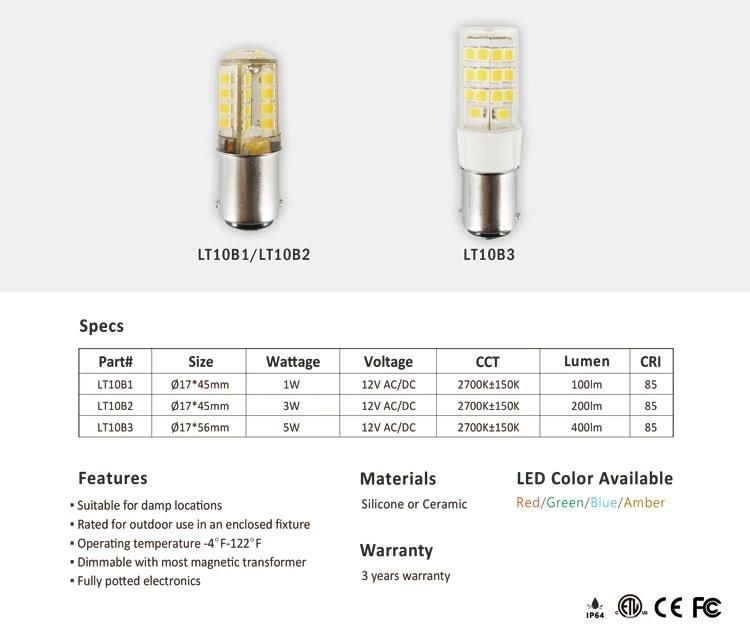 Lt104b3 5W 400lm 2700K-6000K 12V AC/DC Silicone Sc Bayonet Base LED Bulbs for Landscape Path Deck Lawn Lighting