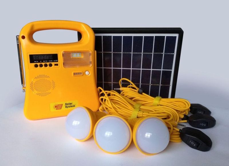 Portable 5W Mini Solar Generator with 3PC LED Bulbs/FM Radio/Torch Light for Children Study