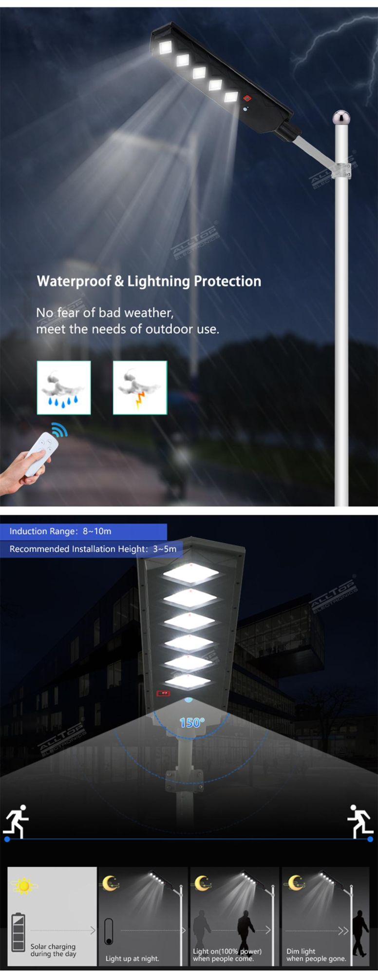 Alltop High Lumen Waterproof IP65 50W 100W 150W 200W 250W 300W Outdoor All in on LED Solar Street Lamp