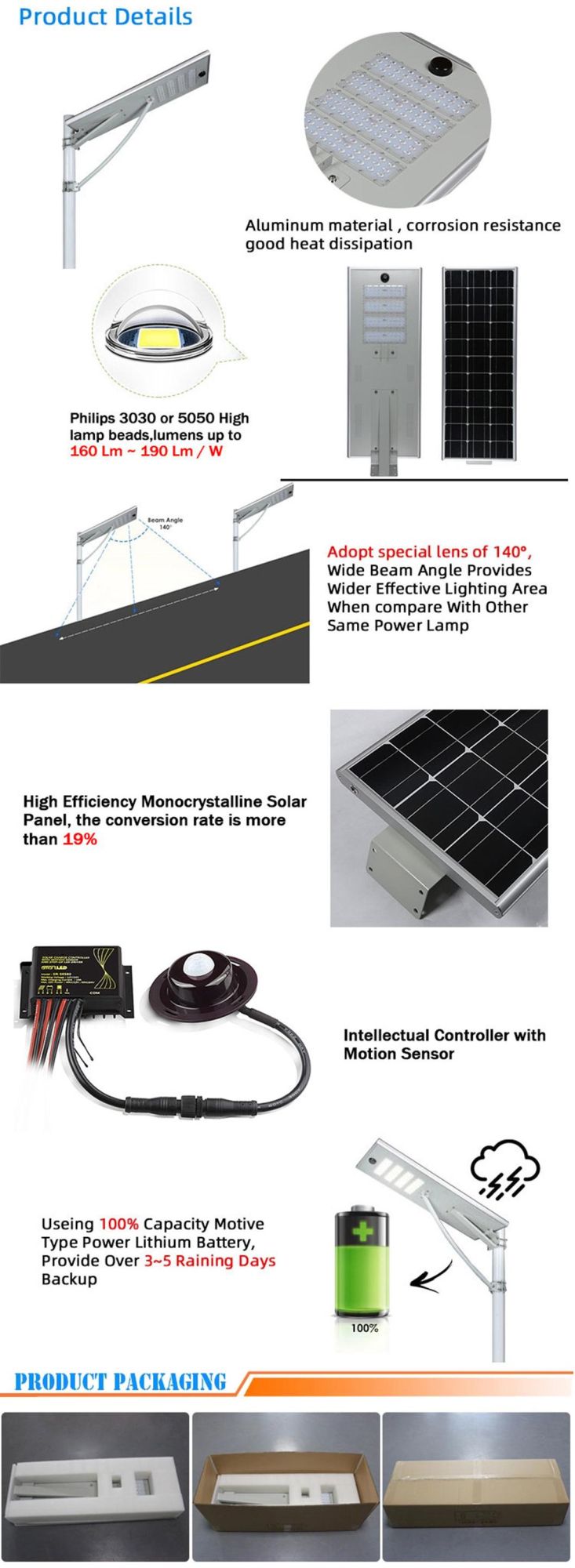 LED Integrated Solar Light 15W 20W 30W 40W 50W 60W 80W 100W 120W All in One Solar Lamp LED Solar Street Light