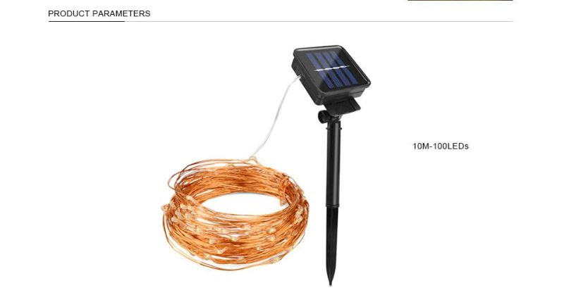 Waterproof 100 LEDs 10m 33FT 8 Functions Solar Copper Wire Starry String Fairy Light Micro Garland Light for Christmas Patio Garden Outdoor Decoration