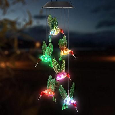 LED Solar Light Hummingbird Wind Chime Changing Color Waterproof Six Hummingbird Wind Chimes for Home Party Outdoor Night Garden Decoration